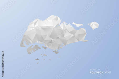 Singapore Map - polygon style vector illustration in gray, white and blue tone, low-poly geometric design, minimal silhouette, suitable for infographic and modern design.