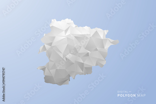 Andorra Map - polygon style vector illustration in gray, white and blue tone, low-poly geometric design, minimal silhouette, suitable for infographic and modern design.