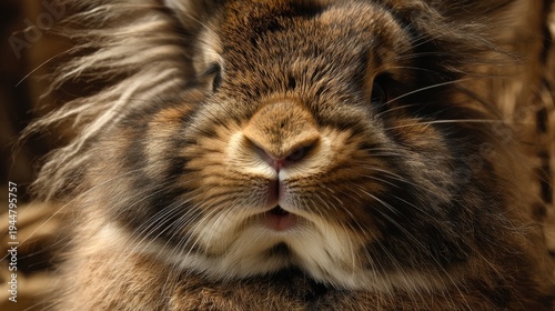 Cute fluffy rabbit with intricate fur patterns posing adorably close up against a blurred natural background