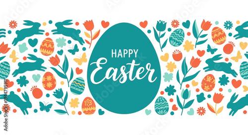 Festive Spring Holiday Banner Illustration with 'Happy Easter' Greeting, Adorned with Whimsical Bunnies, Decorative Patterned Eggs, and Blooming Flowers in a Cheerful Design