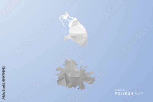 Antigua and Barbuda Map - polygon style vector illustration in gray, white and blue tone, low-poly geometric design, minimal silhouette, suitable for infographic and modern design.