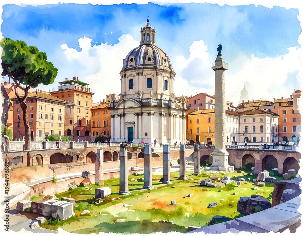 Obraz premium Watercolor Painting of the Trajans Forum in Rome, Italy.