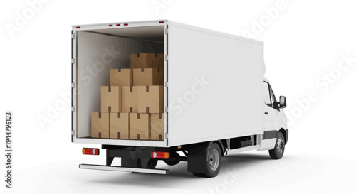 White delivery truck with open rear, loaded with cardboard boxes for shipping and moving. Isolated on white background, ready for efficient logistics and transport
