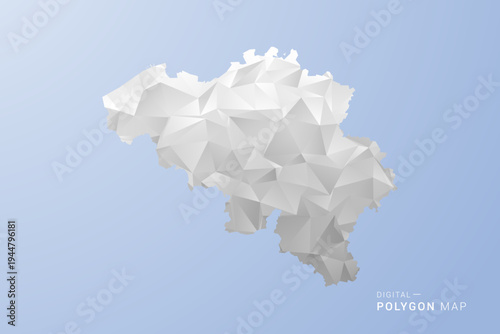 Belgium Map - polygon style vector illustration in gray, white and blue tone, low-poly geometric design, minimal silhouette, suitable for infographic and modern design.