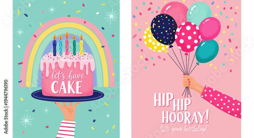 Happy Birthday Cake and Balloons Celebration with Text Let's Have Cake and Hip Hip Hooray