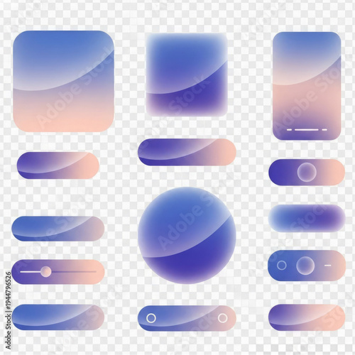 The image displays a collection of UI elements with a gradient background and a glossy, glass-like appearance, set against a transparent grid background