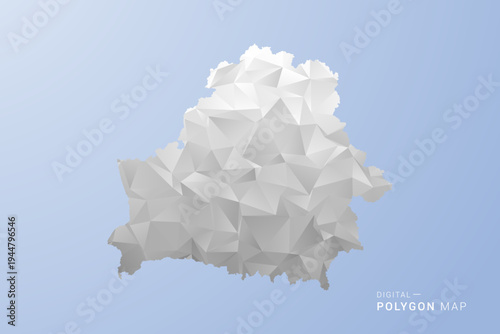 Belarus Map - polygon style vector illustration in gray, white and blue tone, low-poly geometric design, minimal silhouette, suitable for infographic and modern design.