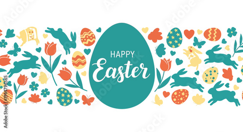 Happy Easter Holiday Banner with Flat Design Elements Bunnies, Decorated Eggs, and Spring Flowers for Festive Greetings