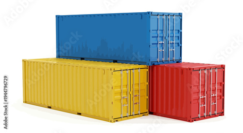 Three brightly colored cargo containers, stacked and ready for global shipping and international trade, symbolizing modern logistics and efficient freight transportation