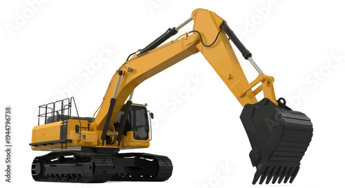 Yellow excavator machinery with a large bucket, used for construction and earthmoving tasks on a white background