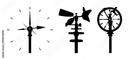 Wind gauge set with solid black silhouette and clean outlines featuring wind gauge, anemometer, weather station symbol with black and white and white background