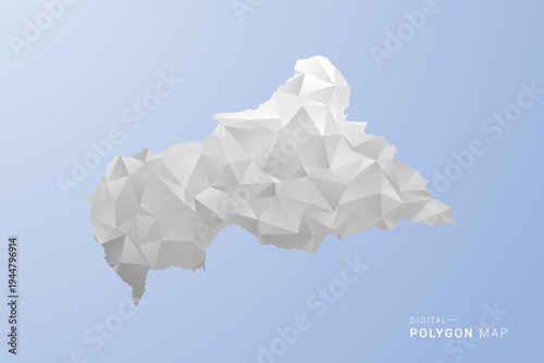 Central African Republic Map - polygon style vector illustration in gray, white and blue tone, low-poly geometric design, minimal silhouette, suitable for infographic and modern design.