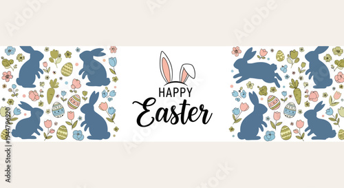 Festive banner celebrating Easter with cute bunnies, colorful eggs, and blooming flowers, perfect for greeting cards and decorations