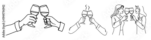 Two people making a toast set with continuous single-line illustration featuring wine glasses, social celebration, minimalist design with black stroke and white background