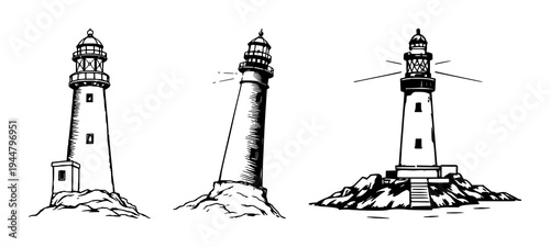 Lighthouse icon set with detailed woodcut style illustration featuring nautical safety, light beams, ocean with marine and navigation