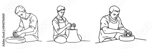 Sculptor set with continuous line drawing of a person sculpting clay featuring hand, wrist, sculpture with minimalist style and black stroke