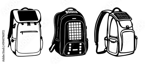 Solar-powered backpack set with solid black fill on white background featuring solar panel, backpack, tech with nomadic lifestyle and sustainability