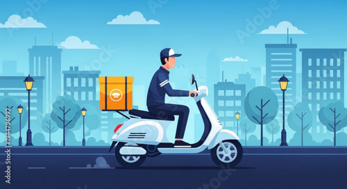 Delivery person riding scooter through cityscape with food delivery box - vector illustration with flat design