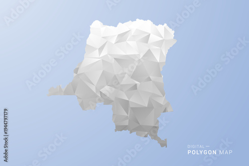 Democratic Republic of the Congo Map - polygon style vector illustration in gray, white and blue tone, low-poly geometric design, minimal silhouette, suitable for infographic and modern design.