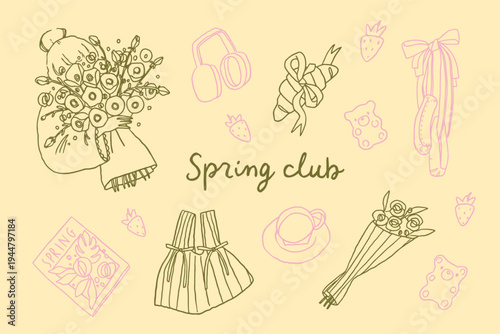 Cute hand drawn spring doodle set with girl holding flowers, fashion elements, and cozy accessories. Pastel aesthetic outline illustrations perfect for stickers, cards, branding and design, vector