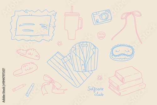 Whimsical line art clipart set. Fun girly illustrations. Hand drawn spring sticker elements. Soft girl aesthetic doodle sketch collection. Vector feminine little treats graphic