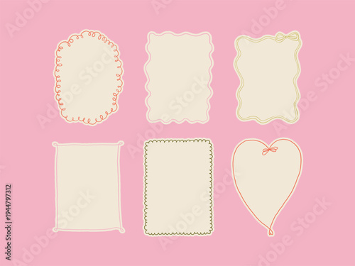 Spring whimsical frames. Abstract fun shaped bright frame collection. Retro hand drawn romantic summer borders clipart set. Vintage coquette line art empty frame invitation template