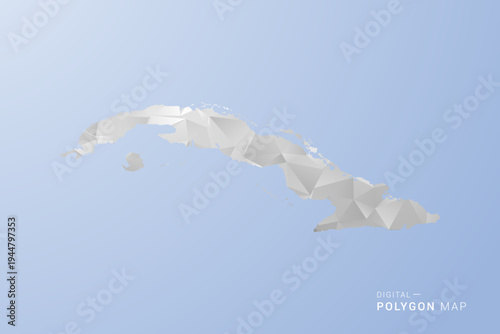 Cuba Map - polygon style vector illustration in gray, white and blue tone, low-poly geometric design, minimal silhouette, suitable for infographic and modern design.