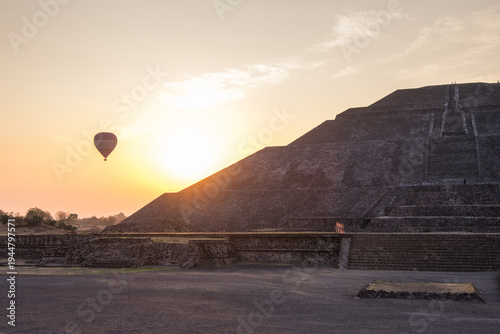 Hot Air Balloon Over Teotihuacan Pyramid of the Sun at Sunrise, Mexico Travel Landmark