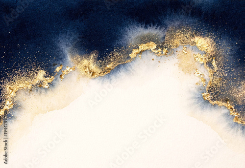 Navy watercolor with gold leaf flowing across luxury abstract background