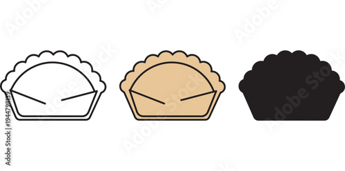 A set of three pie crust illustrations in different styles and colors on a white background