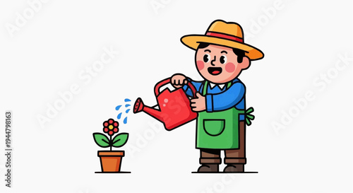 A cheerful gardener watering a potted plant with a red watering can