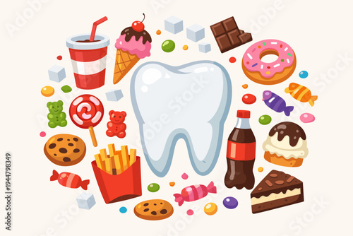 Healthy white tooth surrounded by unhealthy sugary food and drinks like soda, candy, chocolate, donuts, and cookies, representing dental health risks and cavity prevention, flat vector design.