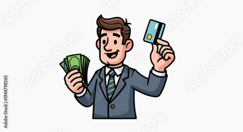 A man in a suit holding cash and a credit card with a smile