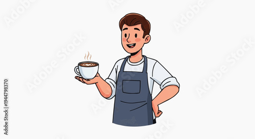 A smiling barista holding a steaming cup of coffee