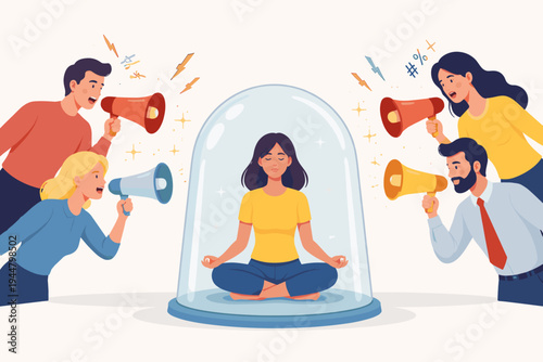 Woman Meditating in Glass Dome for Protection from Stress and Noise of People Shouting with Megaphones, Concept of Mental Health, Inner Peace, Mindfulness, and Setting Personal Boundaries