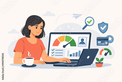 Woman checking credit score and financial report online using a laptop. Flat vector illustration featuring a colorful performance gauge, data charts, security icons, credit card, and coffee cup.