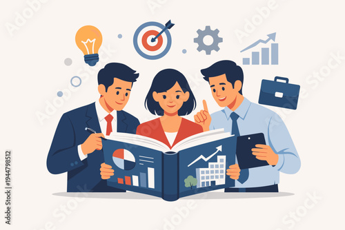 Businesspeople Reading a Book on Business Administration and Strategy. Flat Vector Illustration of a Professional Team Analyzing Charts, Graphs, and Growth Plans for Corporate Success and Education.
