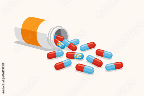 Flat vector illustration of red and blue medical capsules spilling out of a white plastic pill bottle. Concept for antibiotic treatment, pharmacy medication, healthcare, and pharmaceutical drugs.