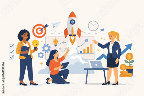 Diverse businesswomen collaborating on a successful startup launch strategy with a rocket taking off, creative ideas, financial growth, and teamwork symbols in a flat vector illustration style.