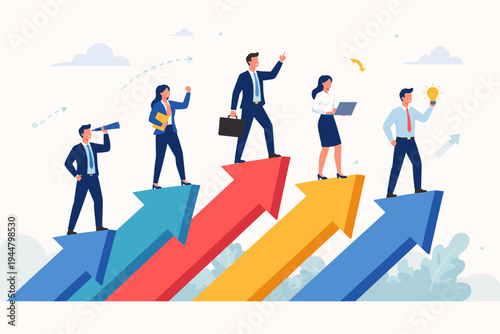 Business People Standing on Growing Upward Arrows Representing Success, Career Growth, Teamwork, and Innovation. Flat Vector Illustration of Professionals Achieving Goals and Corporate Progress.