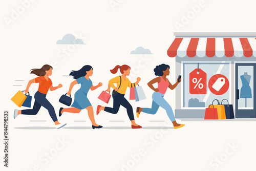 Diverse group of women shoppers in a hurry running towards a retail clothing store with a big percentage sale discount sign in the window during a seasonal promotion or Black Friday event.