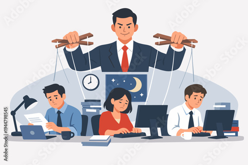 Corporate Boss as Puppeteer Controlling Exhausted Office Employees Working Late Overtime at Night, Concept of Toxic Work Environment, Micromanagement, Burnout, and Stressful Business Management