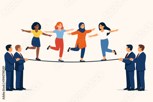 Diverse Multicultural Women Balancing on a Tightrope Held by Businessmen, Flat Vector Illustration of Gender Equality, Inclusion, Female Empowerment, Career Challenges, and Corporate Support.