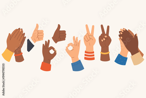 Multicultural hands set with diverse skin tones showing positive gestures like clapping, thumbs up, OK sign, and peace or victory signs, symbolizing unity, teamwork, success, and communication.