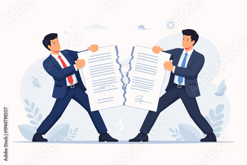 Vector illustration of two professional businessmen in suits tearing a signed legal contract or agreement document in half, representing a broken partnership, canceled deal, or termination.