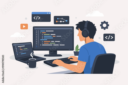 Flat Vector Illustration of a Professional Male Programmer Coding at a Desk with Multiple Monitors, Laptop, and Headphones, Representing Software Development and Modern Technology Workspace.