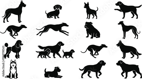 Minimalist Black Dog Silhouettes Featuring Multiple Breeds And Actions