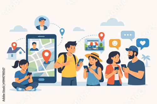 Online community members sharing locations and checking in via a modern smartphone app. People using mobile phones for social networking, navigation, and chatting with map pins and speech bubbles.
