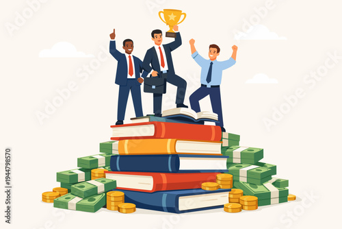 Successful Businessmen Celebrating Victory Standing on a Pile of Books and Money. Illustration of Achievement, Wealth, and Knowledge. Team Holding a Gold Trophy Cup. Flat Vector Art Design.