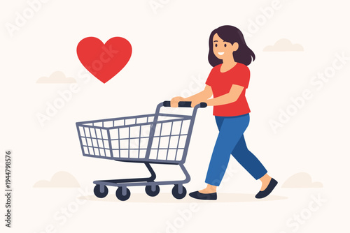 Flat Vector Illustration of a Happy Young Woman Pushing an Empty Shopping Cart with a Red Heart Symbol Floating Above, Representing Love for Shopping, Retail Therapy, and Customer Satisfaction.